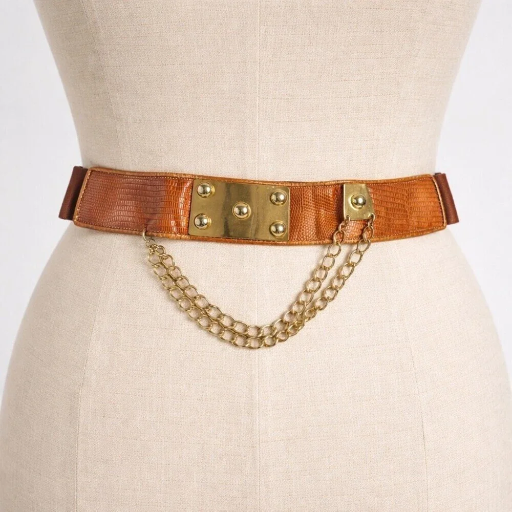 Vtg Ravid Artistic Des Brown statement Belt Gold Swag Chain Medallion 80's 90's - Picture 4 of 4